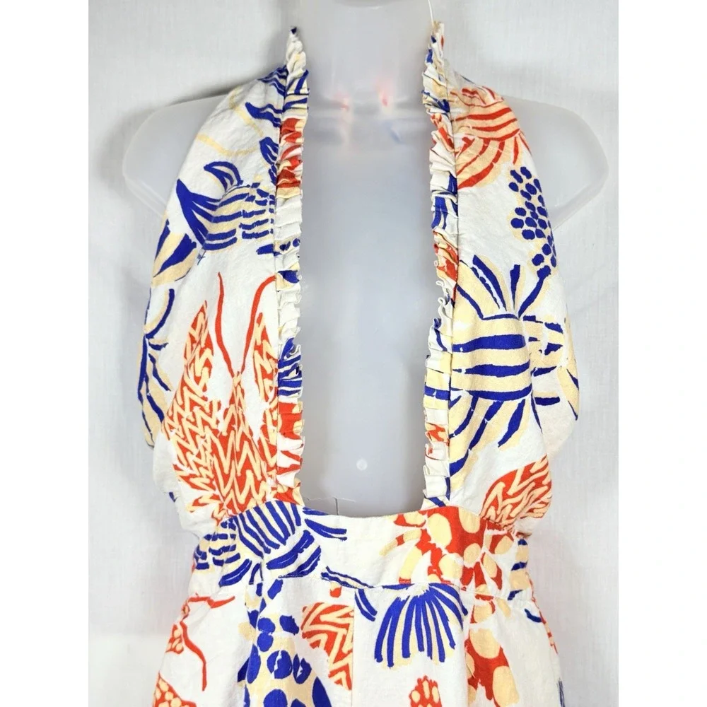 Farm Rio Mixed Lobsters Jumpsuit Womens L Halter Open Back Tropical Linen - Picture 3 of 16
